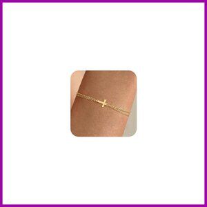 Dainty Cross Bracelet Stack, 14K Gold Plated, Adjustable 6.7"+2" Chain